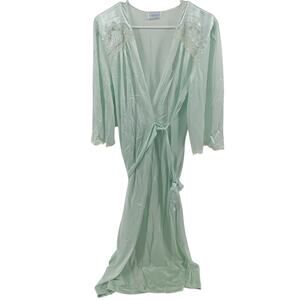 Vintage Lorraine Robe Satin USA Long Tie Waist Lace Trim Pockets Green Medium